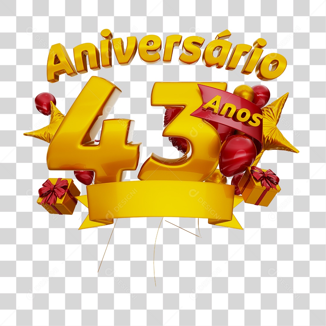 Aniversário 43 Anos Selo 3D Dourado com Fita e Balões Vermelho para Composição PNG Transparente