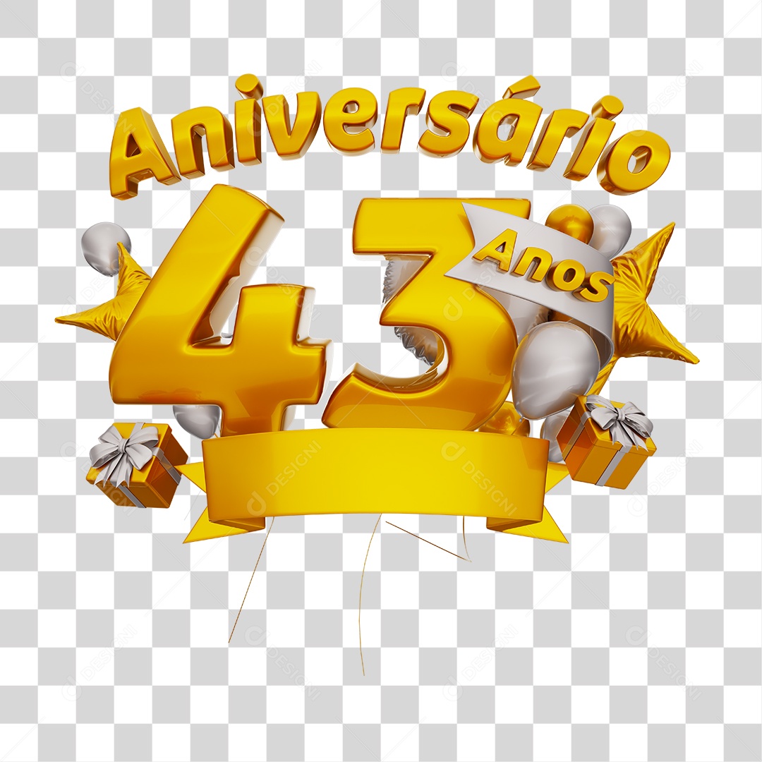 Aniversário 44 Anos Selo 3D Dourado com Fita e Balões Branco para Composição PNG Transparente