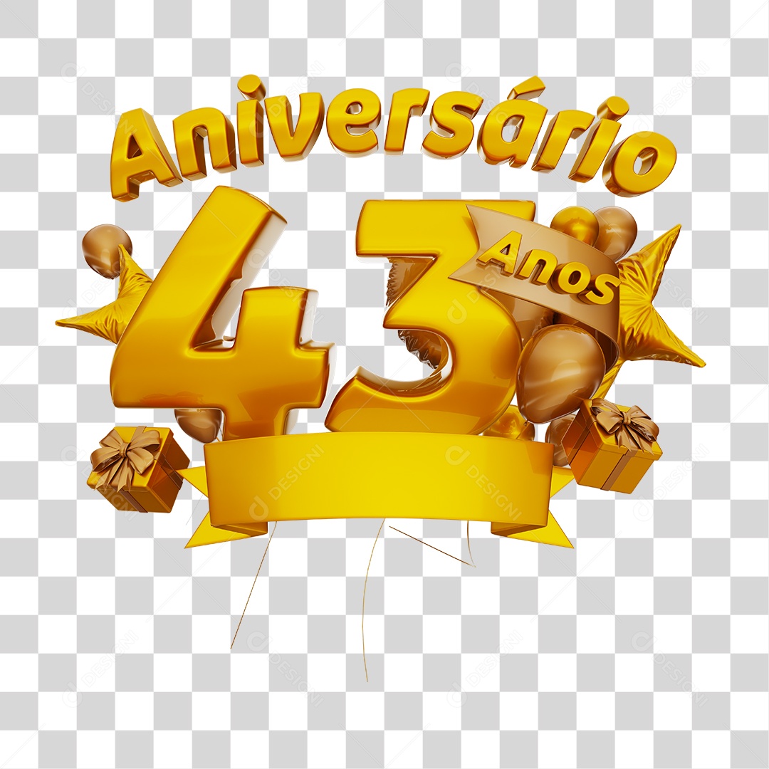 Aniversário 43 Anos Selo 3D Dourado com Fita e Balões Dourado para Composição PNG Transparente