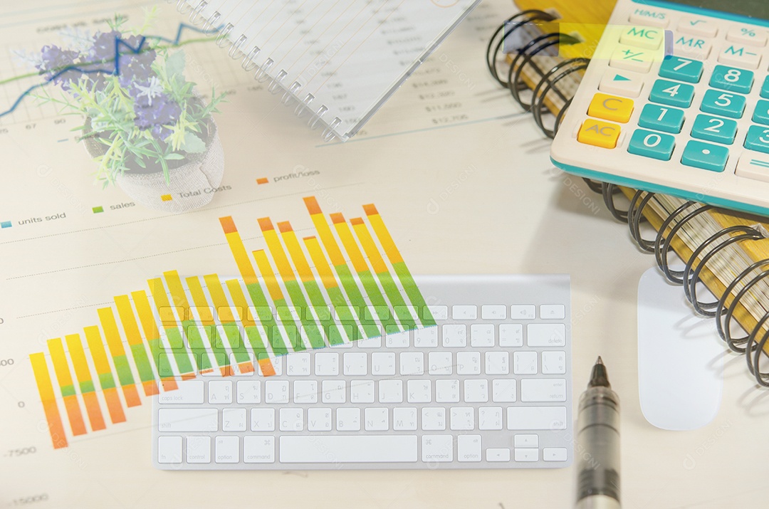 financial papers, computer and office supplies business concept