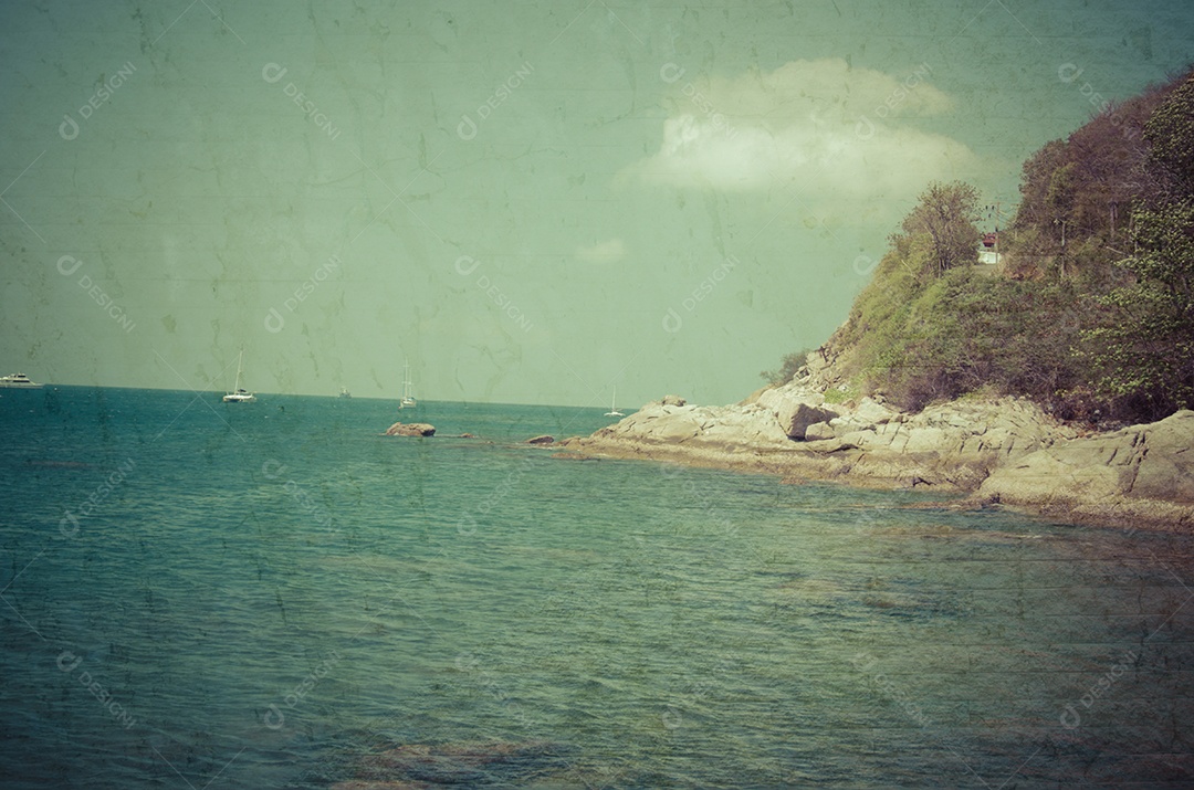 Praia tropical paisagem do oceano em estilo vintage grunge