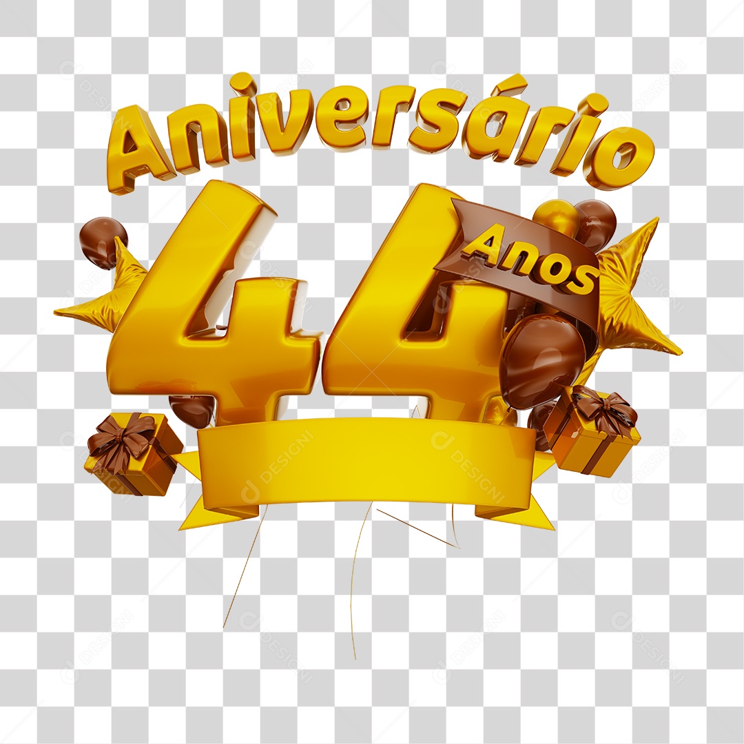 Aniversário 44 Anos Selo 3D Dourado com Fita e Balões para Composição PNG Transparente