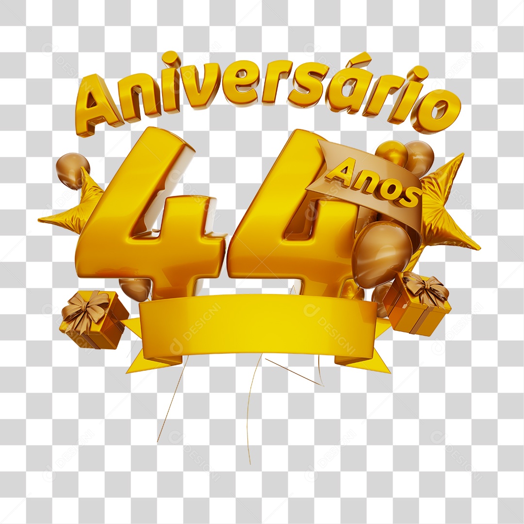 Aniversário 44 Anos Selo 3D Dourado com Fita e Balões para Composição PNG Transparente