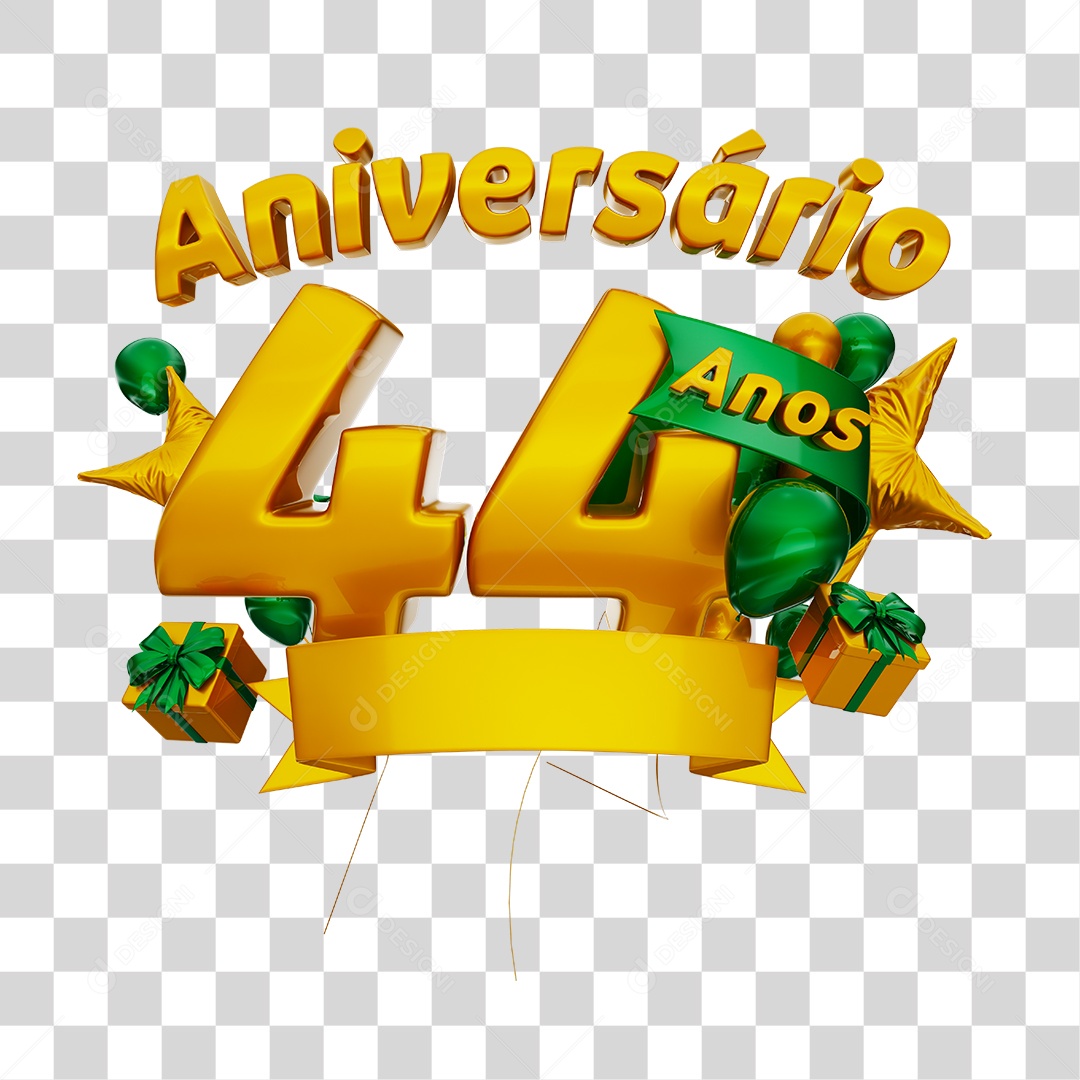 Aniversário 44 Anos Selo 3D Dourado com Fita e Balões Verde para Composição PNG Transparente