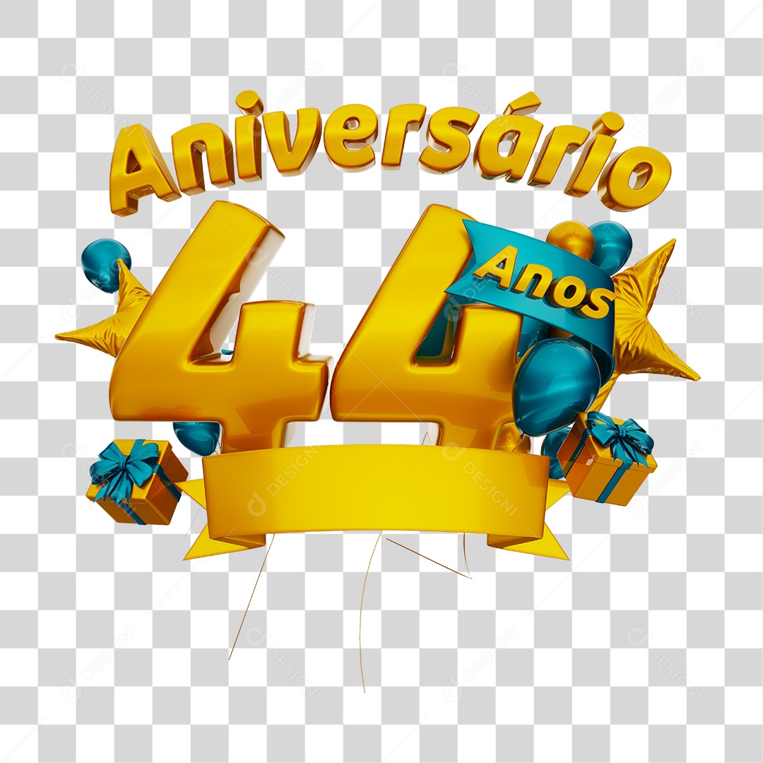 Aniversário 44 Anos Selo 3D Dourado com Fita e Balões Azul para Composição PNG Transparente