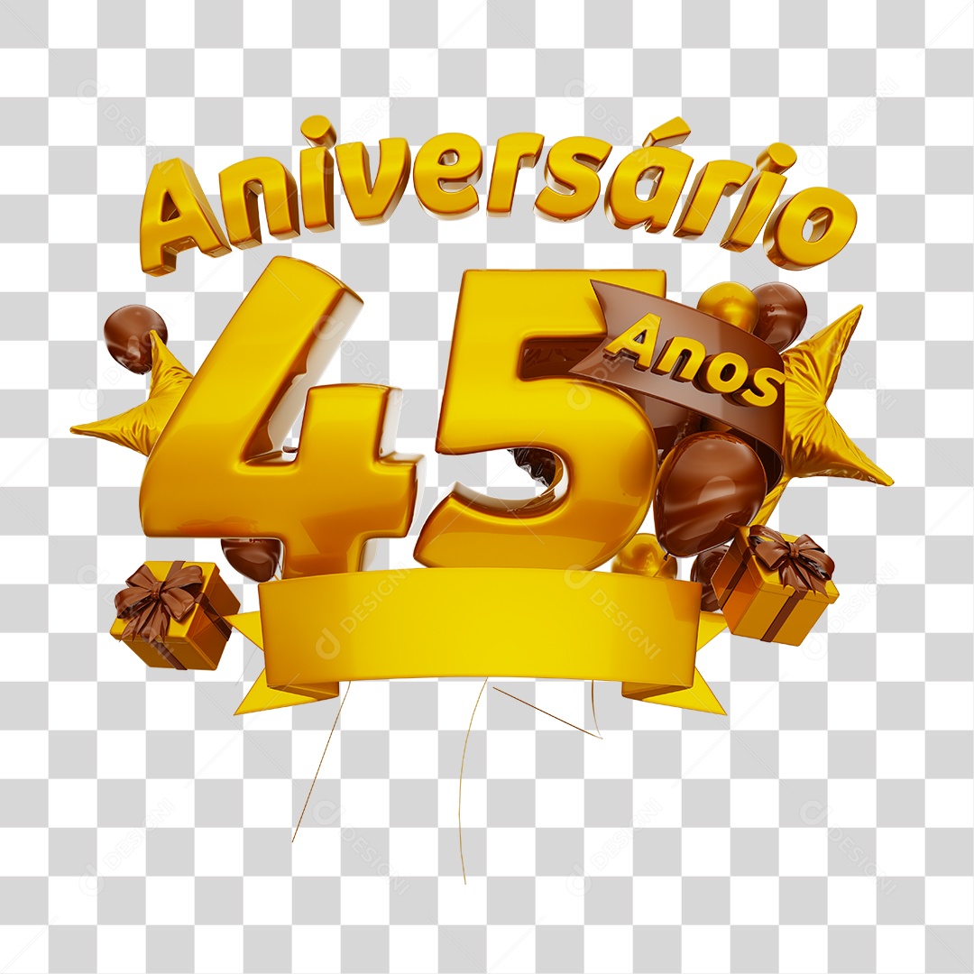 Aniversário 44 Anos Selo 3D Dourado com Fita e Balões para Composição PNG Transparente