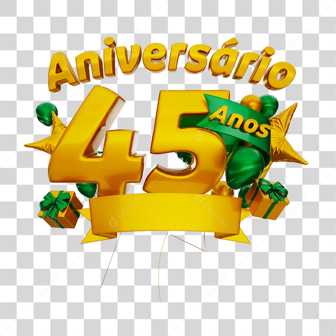 Anniversary 45 Years 3D Gold Stamp with Green Ribbon and Balloons for Composition PNG Transparent