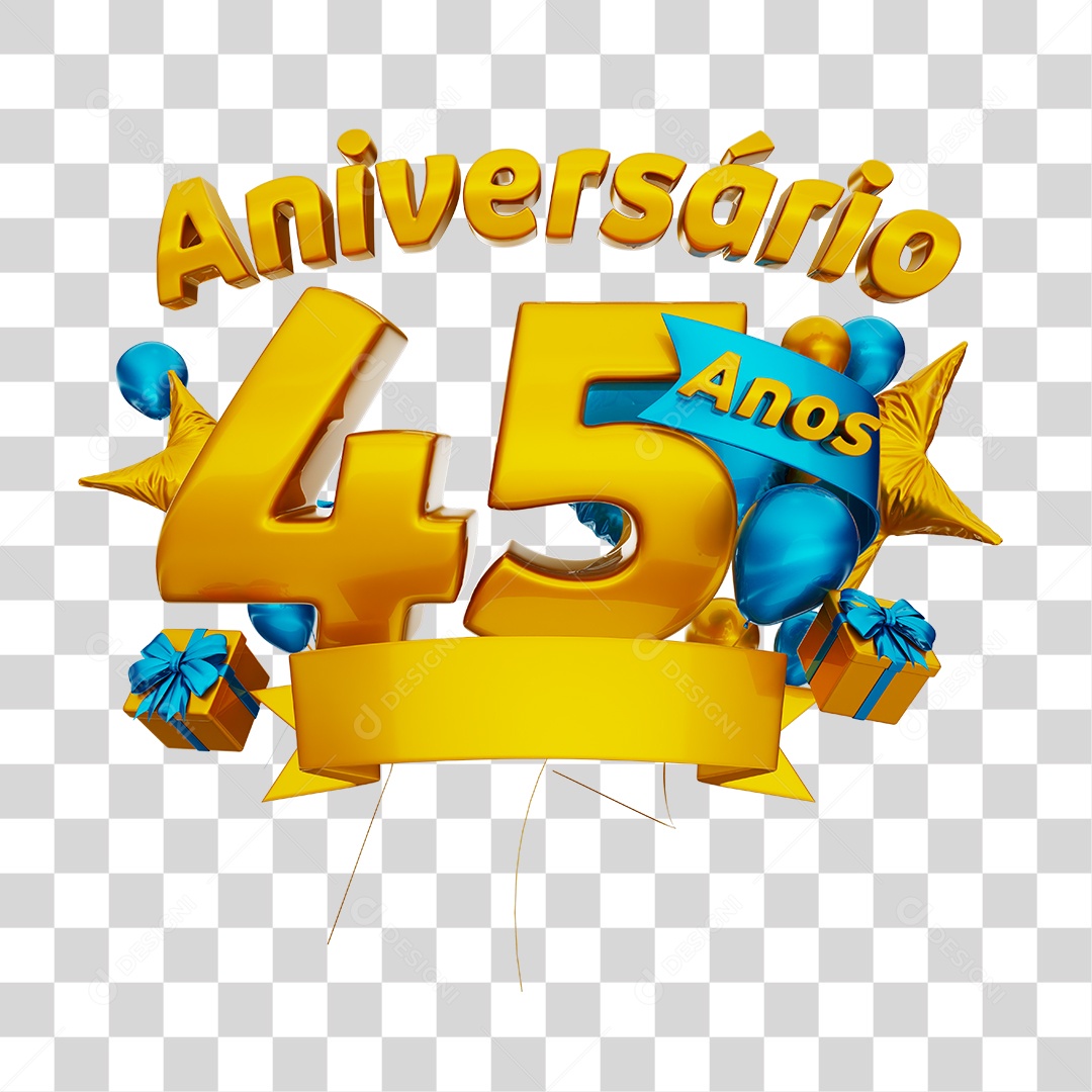 Aniversário 45 Anos Selo 3D Dourado com Fita e Balões Azul para Composição PNG Transparente