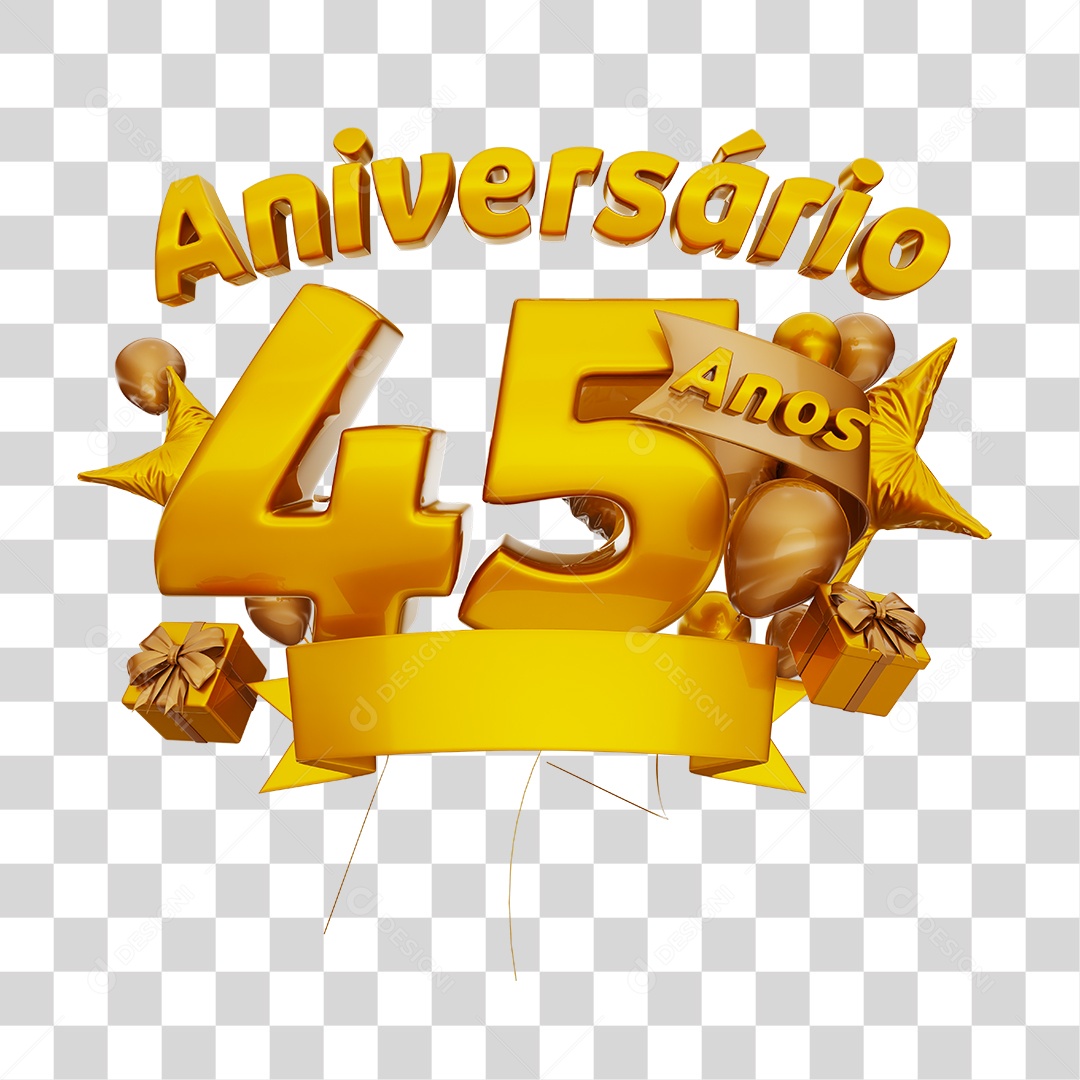 Aniversário 45 Anos Selo 3D Dourado com Fita e Balões para Composição PNG Transparente