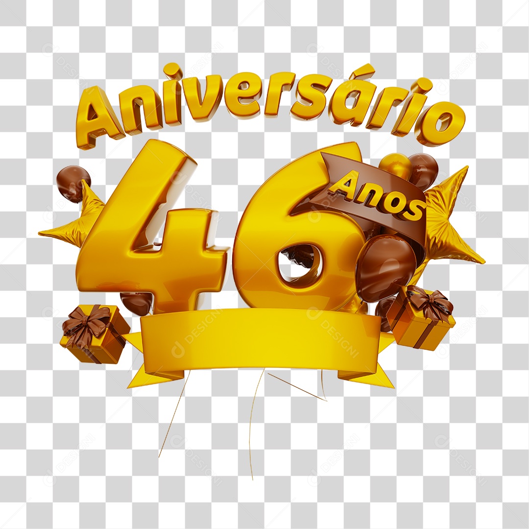 Aniversário 46 Anos Selo 3D Dourado com Fita e Balões para Composição PNG Transparente