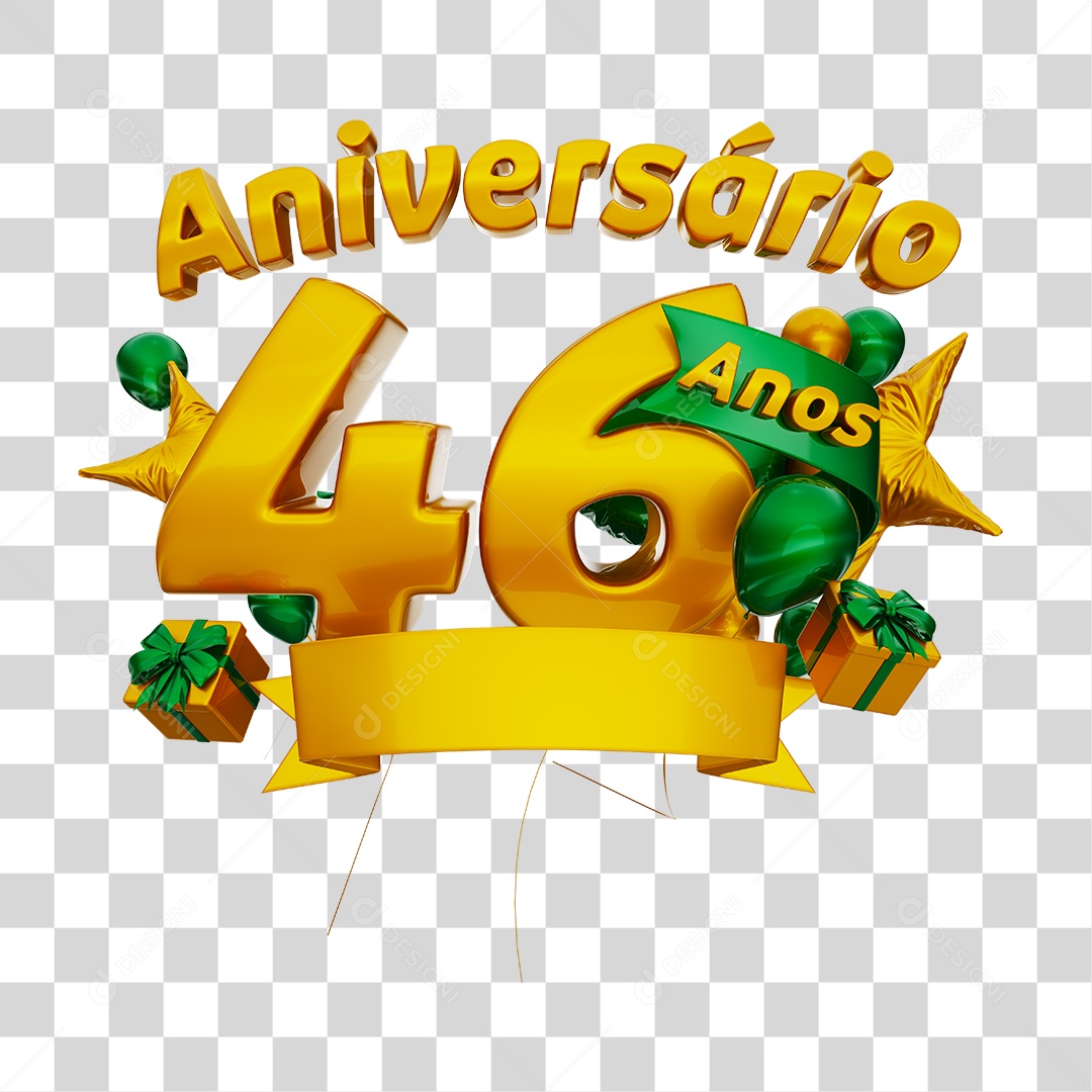 Aniversário 46 Anos Selo 3D Dourado com Fita e Balões Verde para Composição PNG Transparente