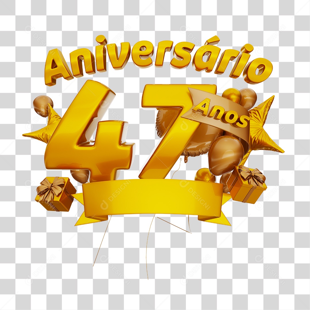 Aniversário 47 Anos Selo 3D Dourado com Fita e Balões para Composição PNG Transparente