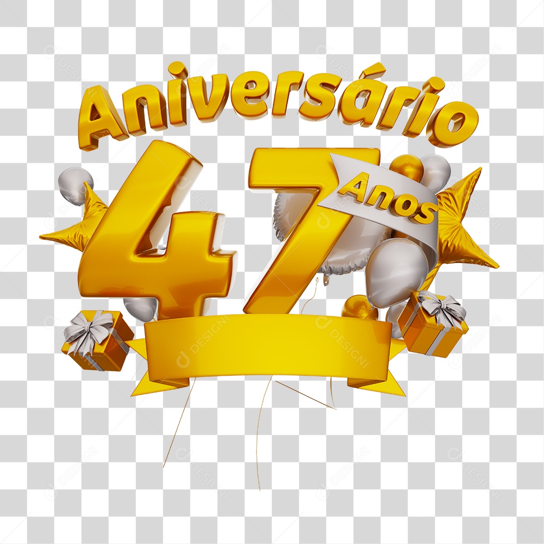 Aniversário 47 Anos Selo 3D Dourado com Fita e Balões para Composição PNG Transparente