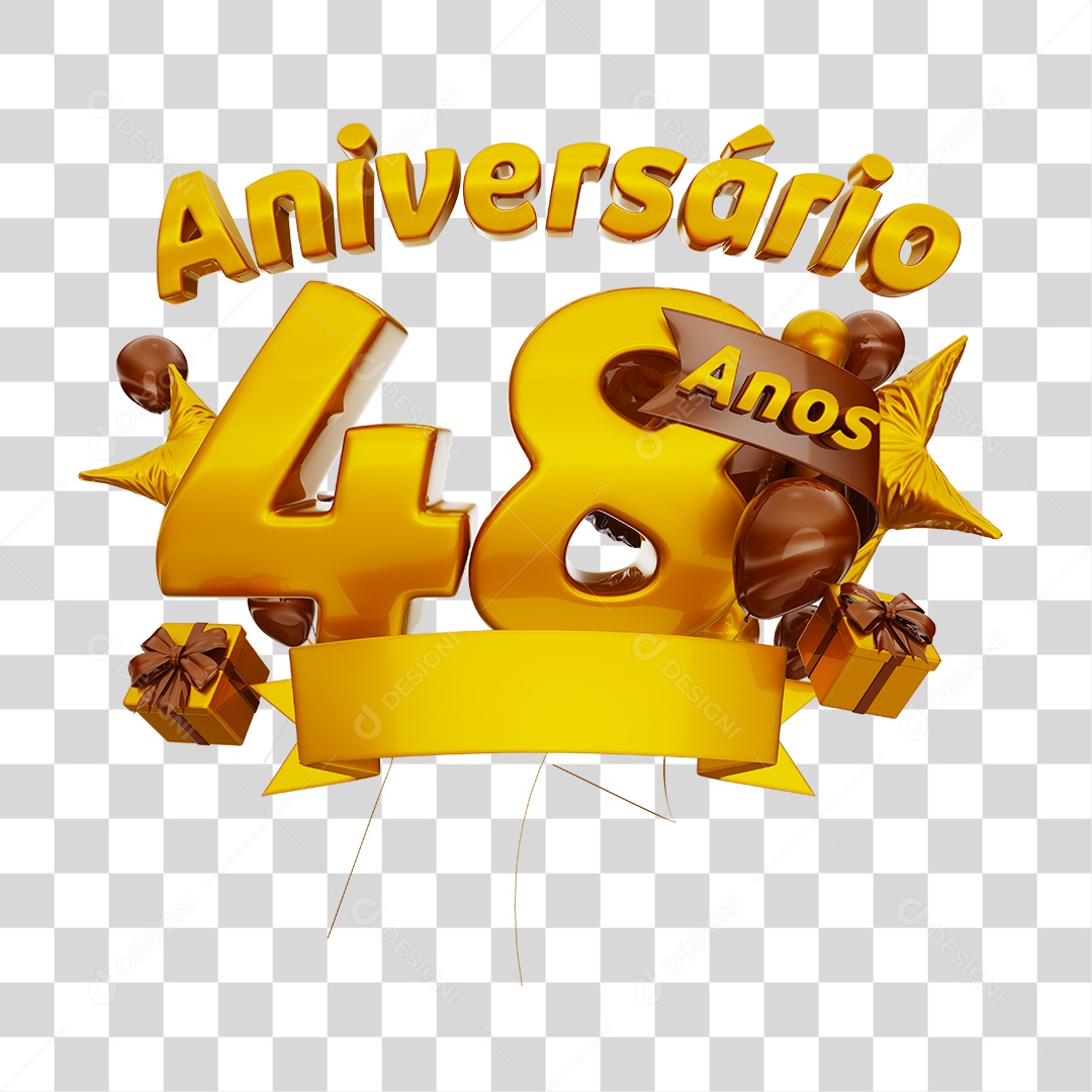 Aniversário 48 Anos Selo 3D Dourado com Fita e Balões para Composição PNG Transparente