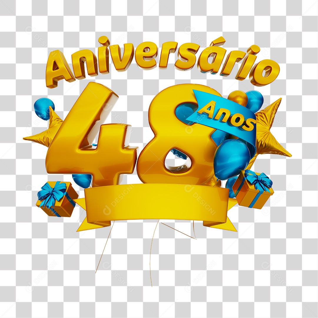 Aniversário 48 Anos Selo 3D Dourado com Fita e Balões para Composição PNG Transparente
