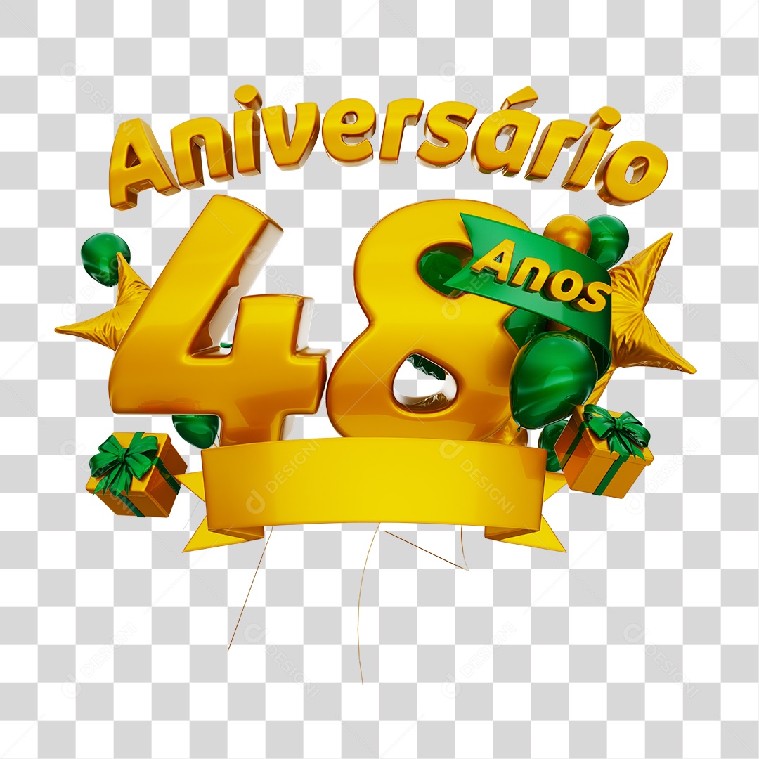 Aniversário 48 Anos Selo 3D Dourado com Fita e Balões para Composição PNG Transparente