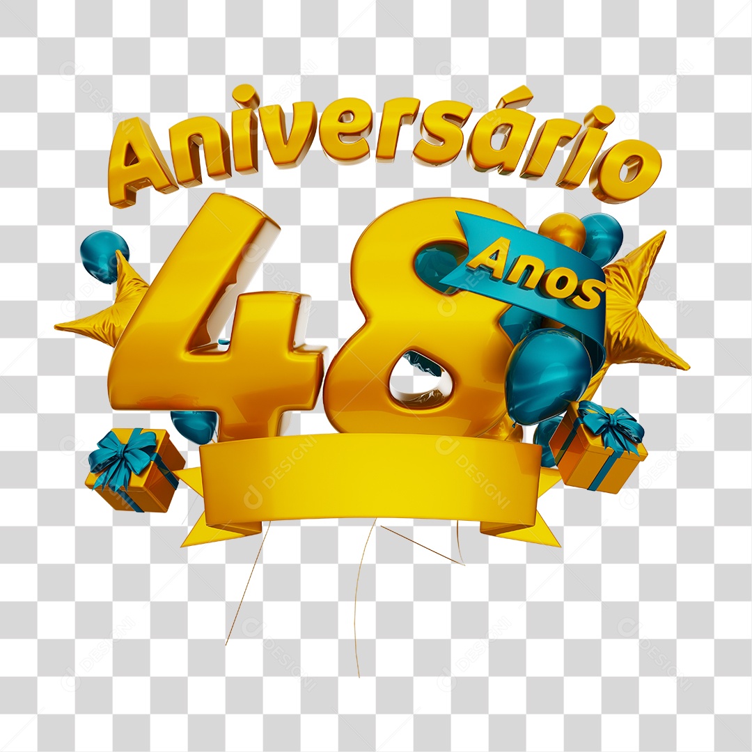Aniversário 48 Anos Selo 3D Dourado com Fita e Balões para Composição PNG Transparente