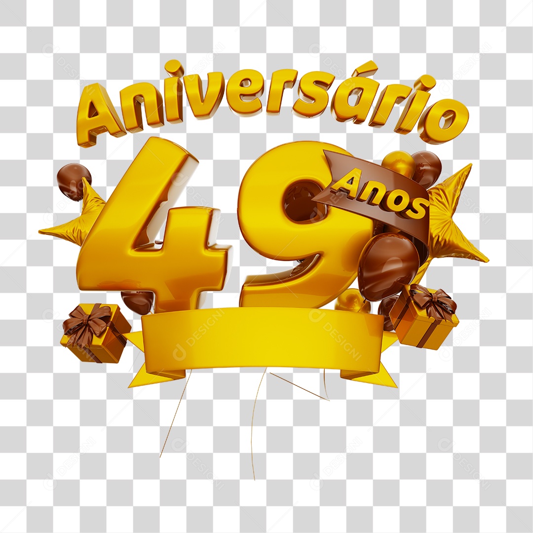 Aniversário 49 Anos Selo 3D Dourado com Fita e Balões para Composição PNG Transparente