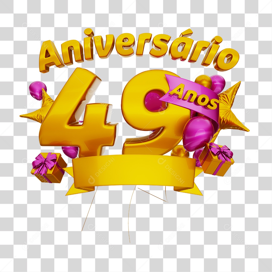 Aniversário 49 Anos Selo 3D Dourado com Fita e Balões para Composição PNG Transparente