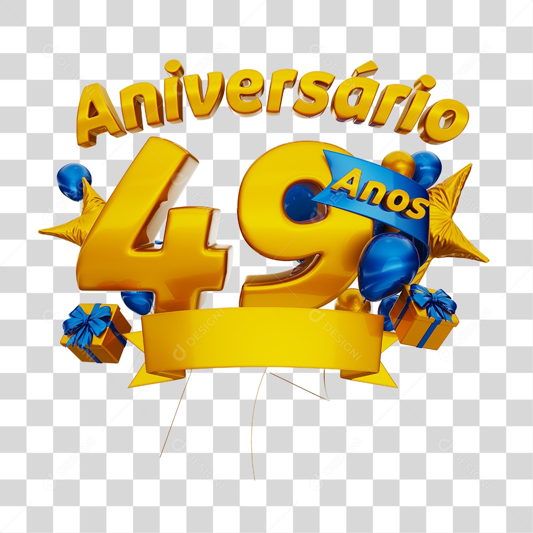 Aniversário 49 Anos Selo 3D Dourado com Fita e Balões para Composição PNG Transparente