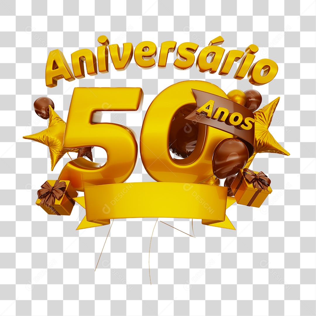 Aniversário 50 Anos Selo 3D Dourado com Fita e Balões para Composição PNG Transparente