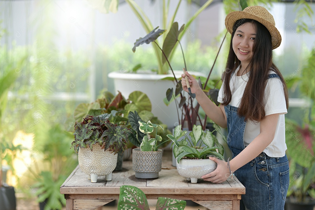 Jovem está cuidando de árvores em uma estufa, plantando árvores em uma estufa, plantando equipamentos, plantando árvores.