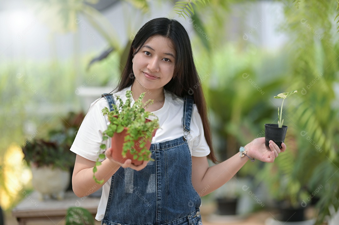 Jovem mulher plantando e cuidando de árvores em estufas, plantando e cuidando de equipamentos, pequenas empresas.