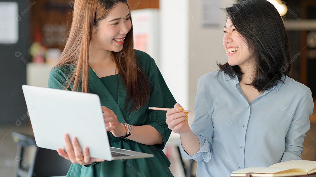 Young business woman use laptop to discuss project together in modern office with good emotions.