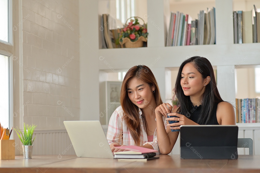 Retrato de duas mulheres procurando informações em um laptop para fazer compras de maneira feliz.