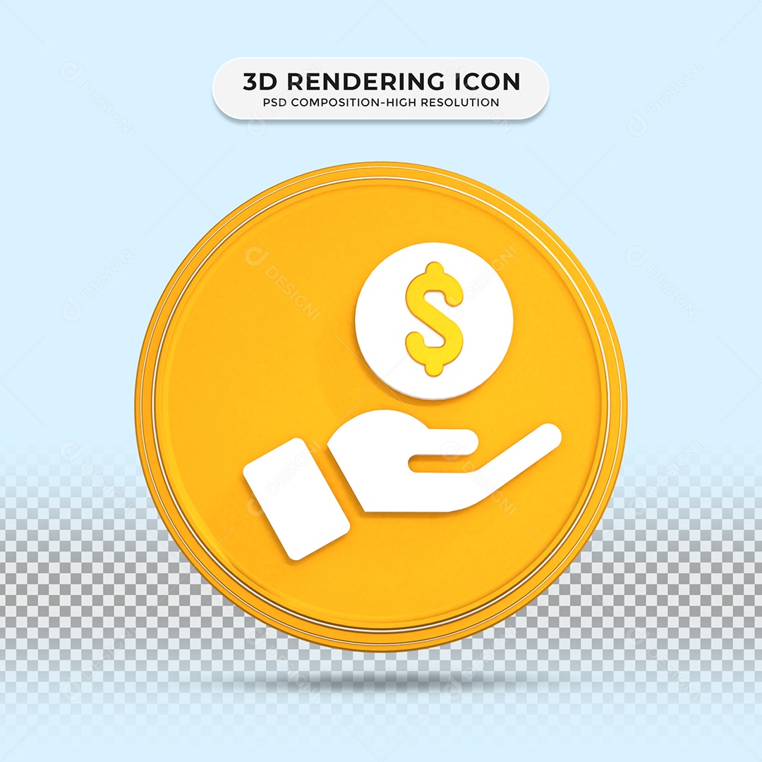 Ícone 3D dólar com mão Elemento dourado para composição PSD