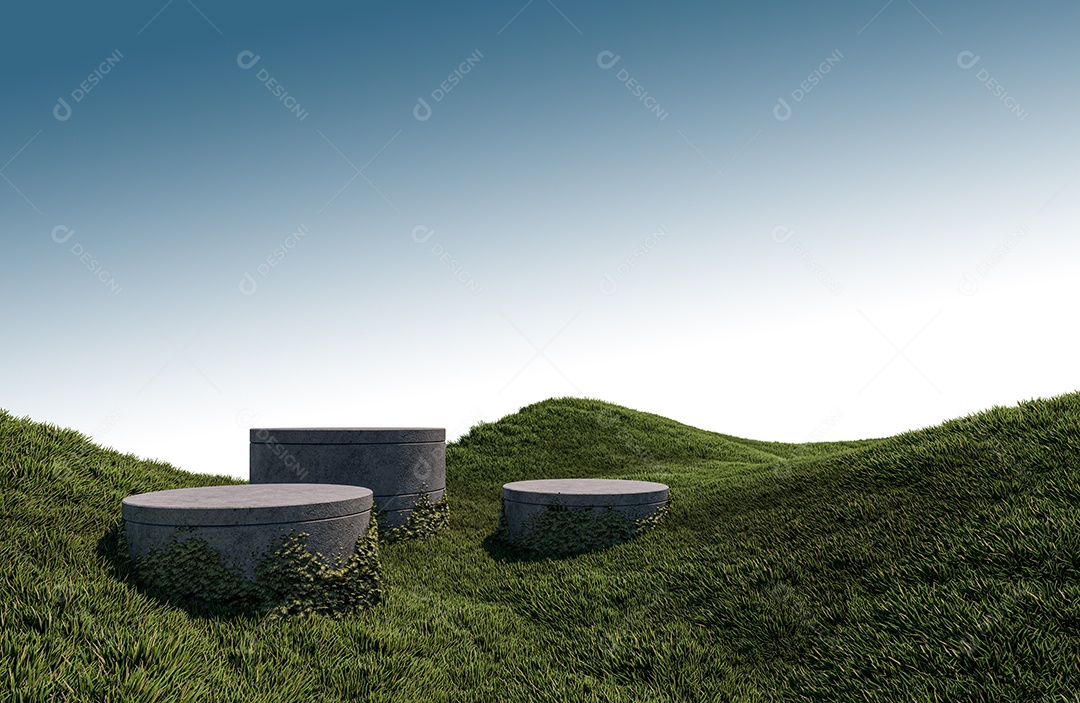 Uma imagem de renderização 3D da exibição do produto no campo de grama.