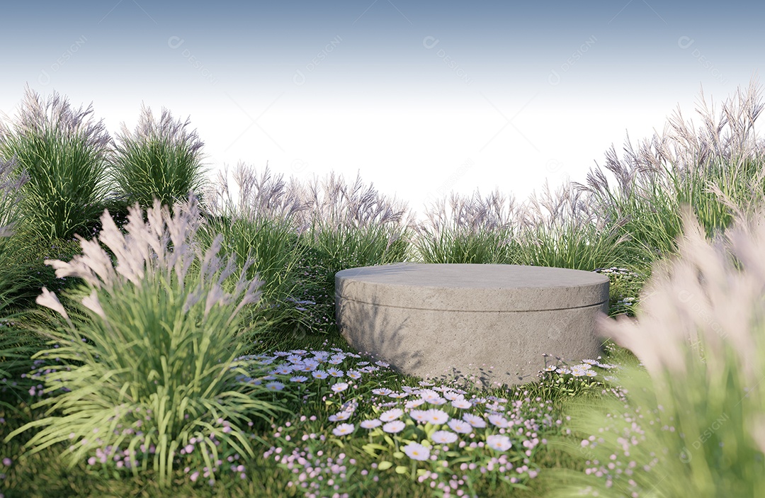 Uma imagem de renderização 3D da exibição do produto no campo de grama.