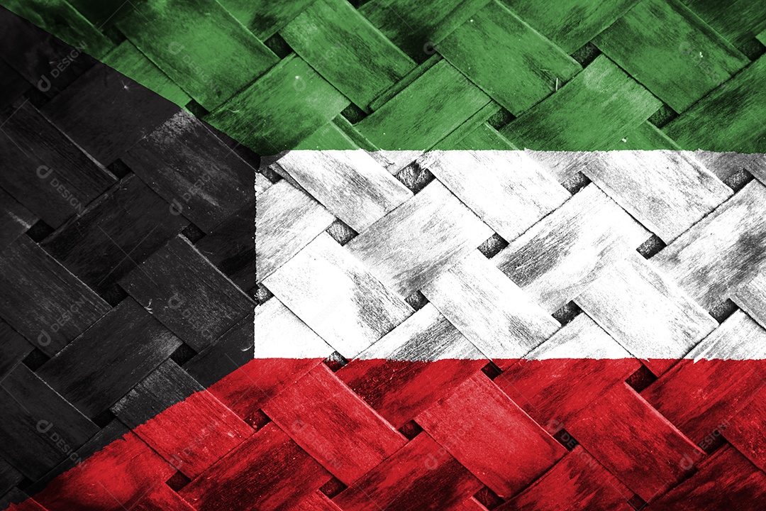 tela de bandeira do kuwait em fundo de madeira de vime