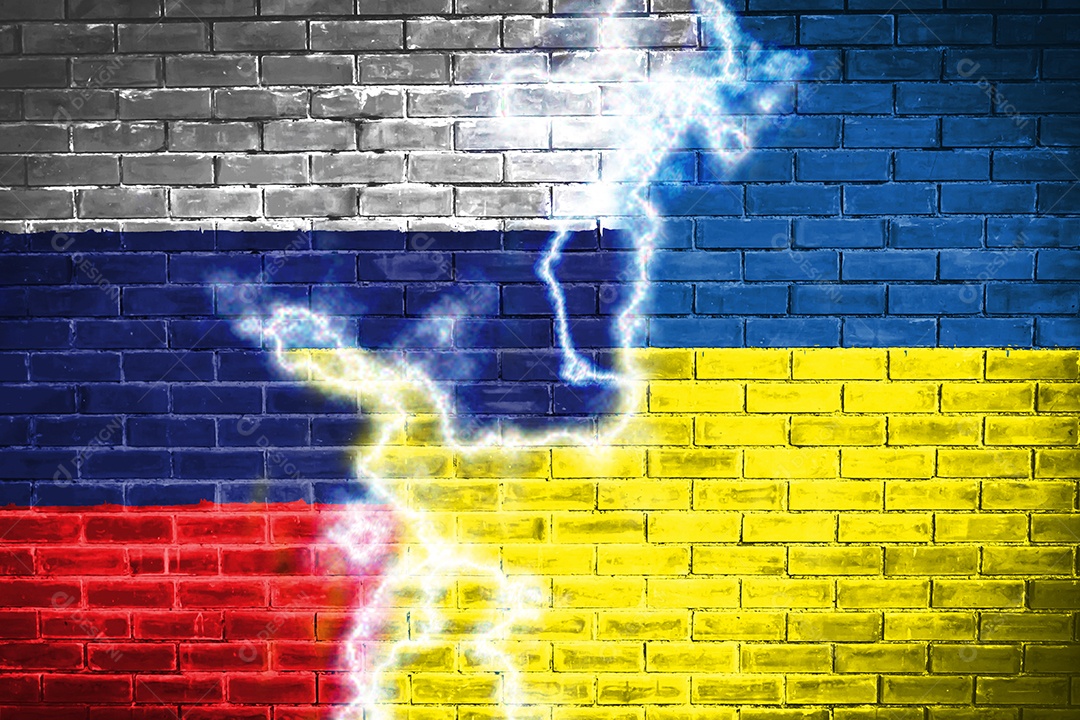 Ucrânia e Rússia Bandeira nas relações diplomáticas de parede de tijolo entre a Ucrânia e a Rússia. Bandeira do conceito de dois países Ucrânia Rússia conflito