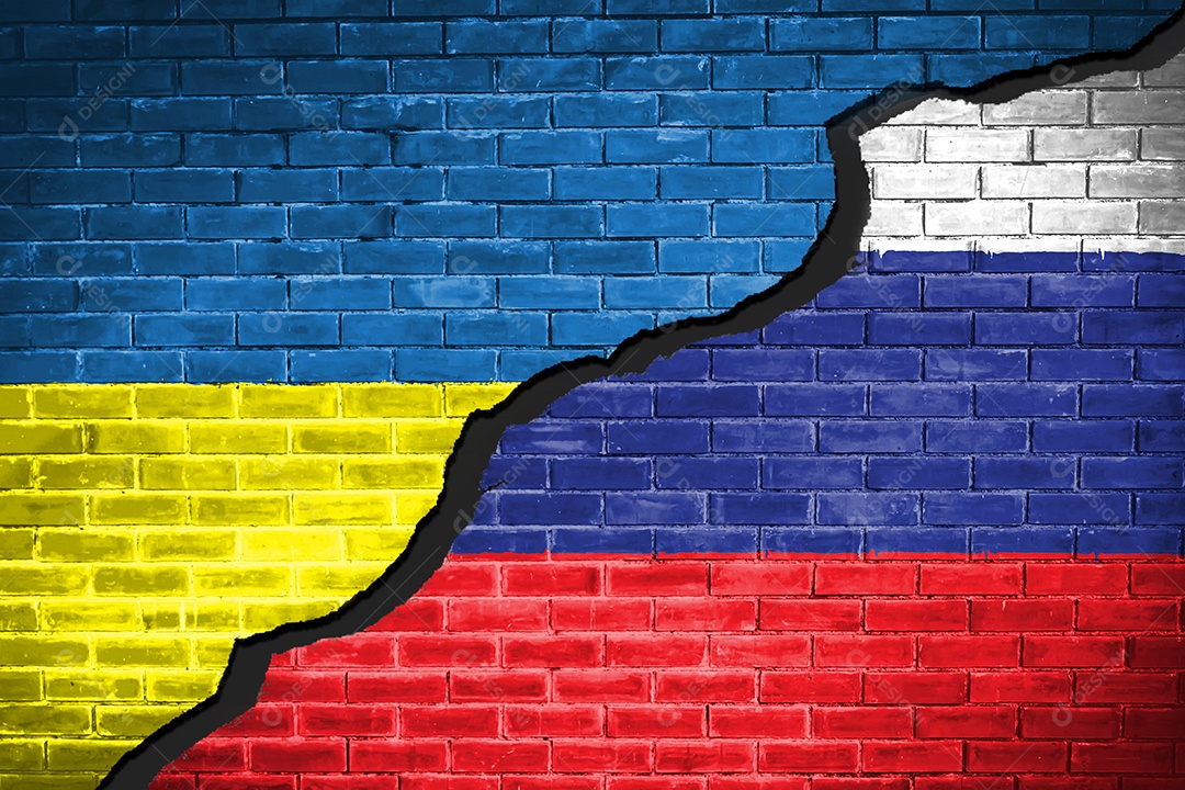 Ucrânia e Rússia Bandeira nas relações diplomáticas de parede de tijolo entre a Ucrânia e a Rússia. Bandeira do conceito de dois países Ucrânia Rússia conflito