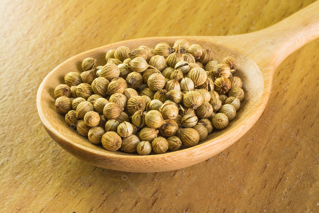 sementes de coentro em colher de pau