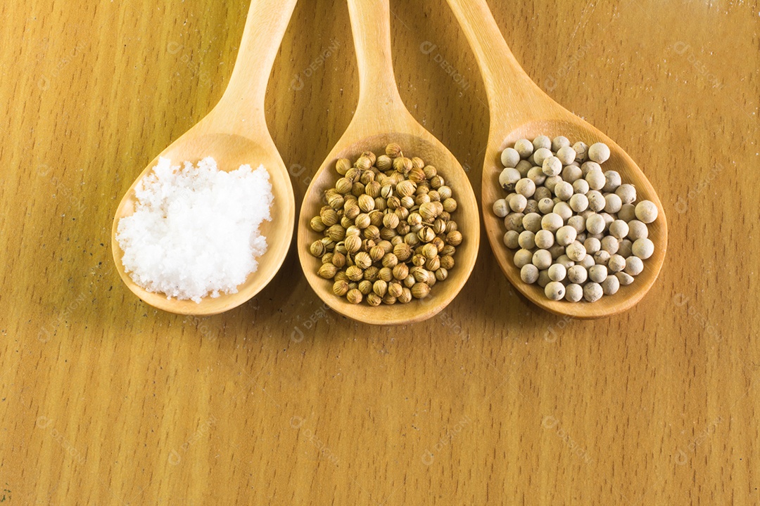 sementes de coentro sementes de pimenta branca e sal em colher de pau