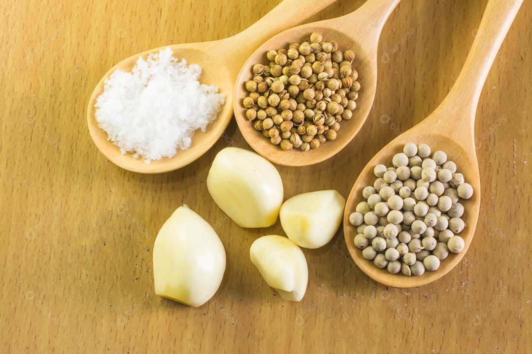 sementes de coentro sementes de pimenta branca e sal em colher de pau