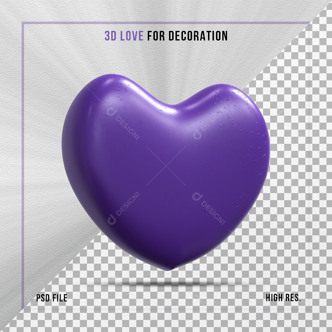 Coração 3D Roxo Elemento para Composição PSD