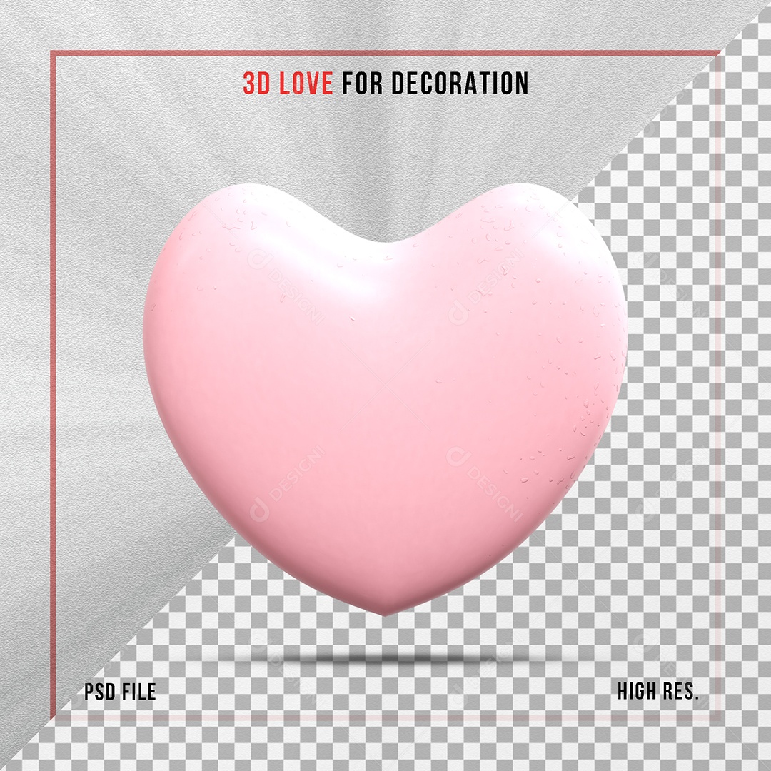 Coração 3D Rosa Claro Elemento para Composição PSD