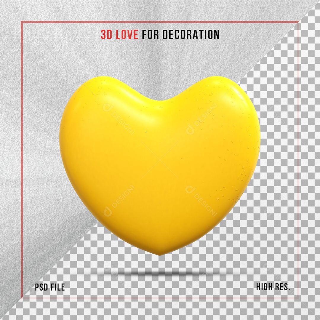 Coração 3D Amarelo Elemento para Composição PSD