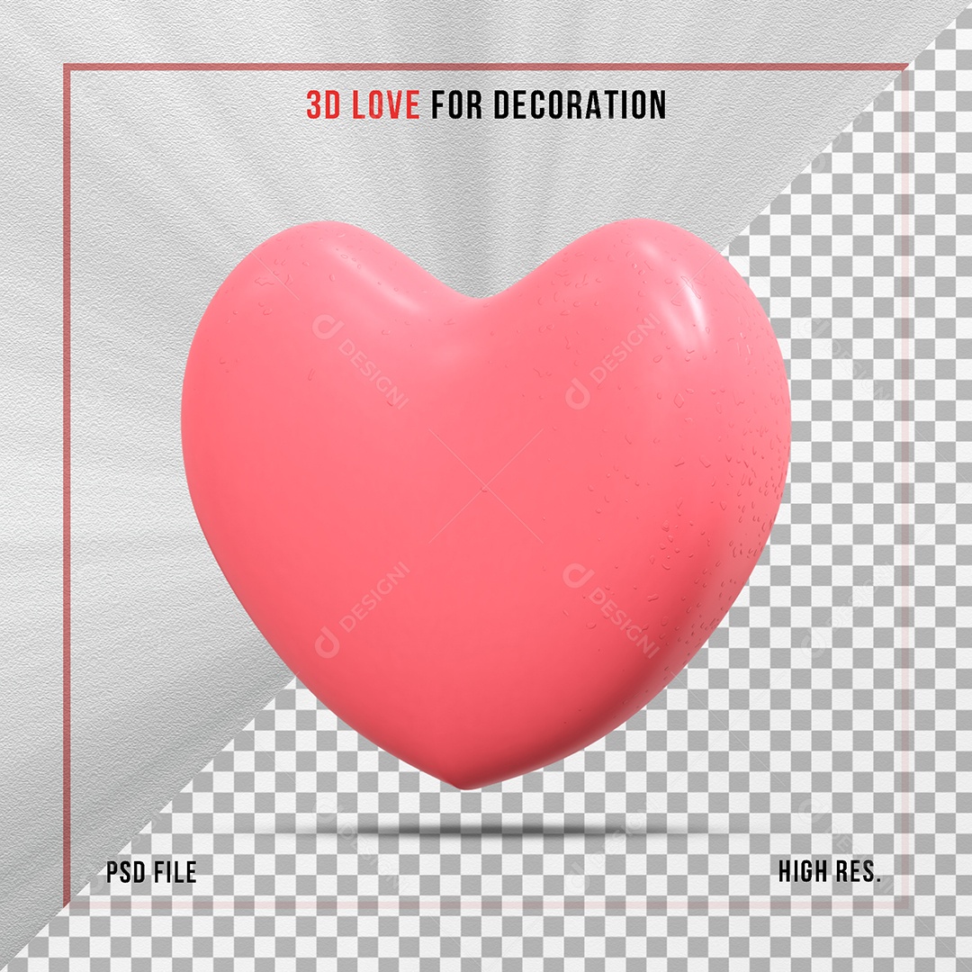 Coração 3D Rosa Elemento para Composição PSD