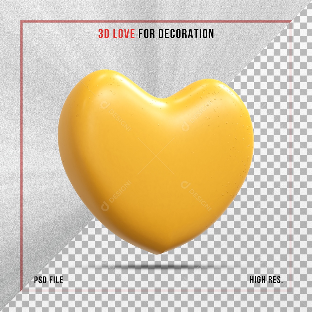 Coração 3D Amarelo Elemento para Composição PSD
