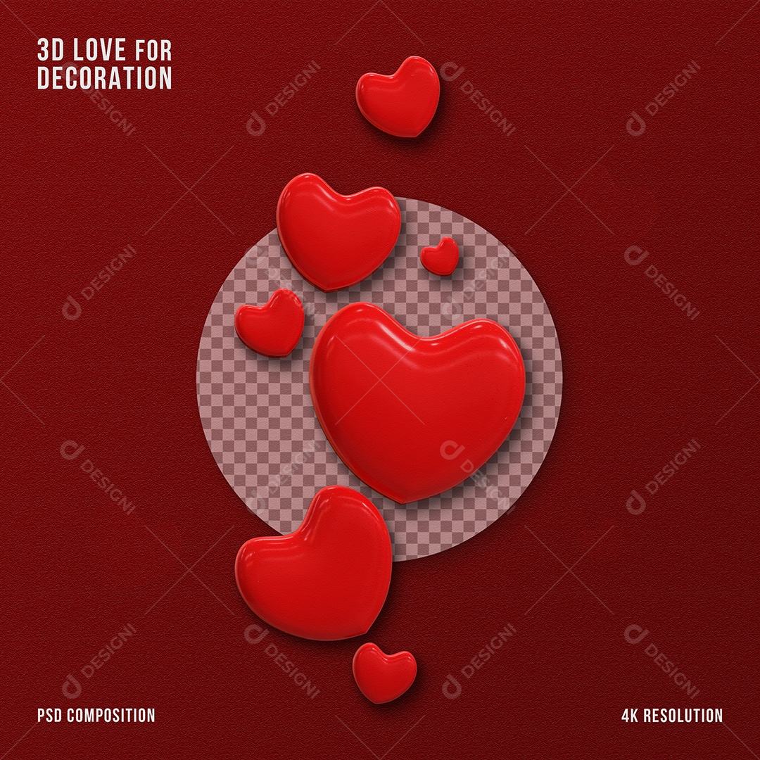 Corações 3D Vermelho claro para Composição PSD