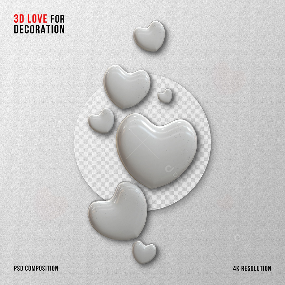 Corações 3D Cinza para Composição PSD