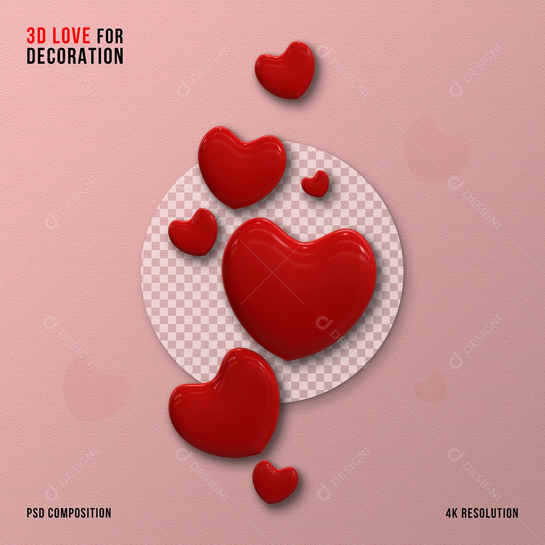 Corações 3D Vermelho para Composição PSD