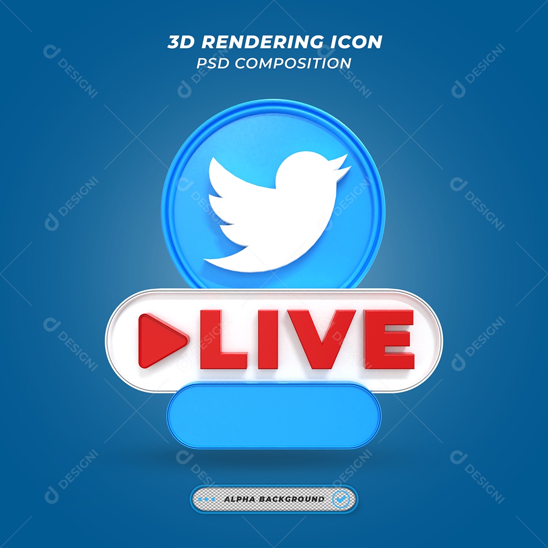 Live do Twitter Selo 3D Azul para Composição PSD