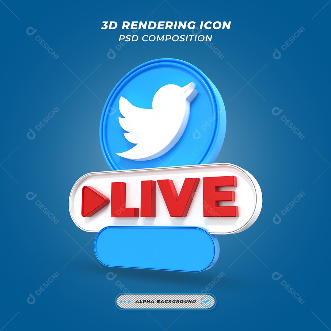 Live do Twitter Selo 3D Azul para Composição PSD