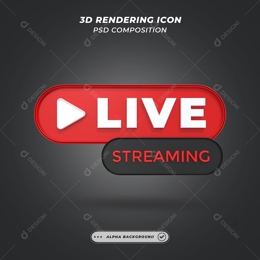 Live Stream Selo 3D Vermelho e Preto para Composição PSD