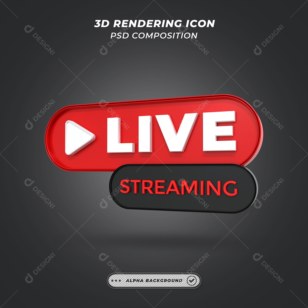 Live Stream Selo 3D Vermelho e Preto para Composição PSD